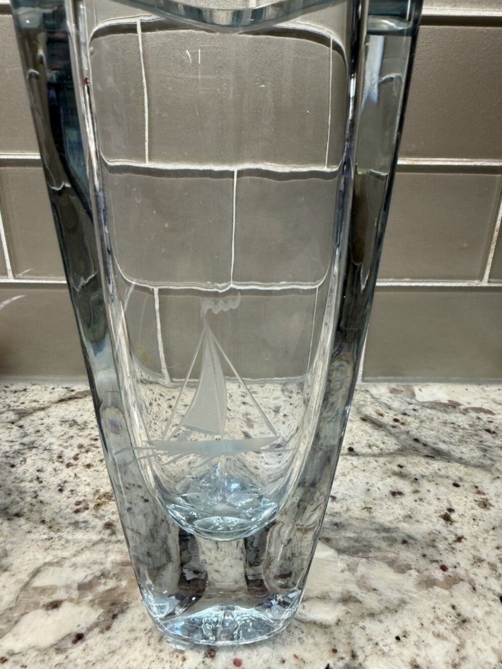 Vintage Swedish Stromberg/Strombergshyttan Signed Vase Crystal Sailboat Coastal